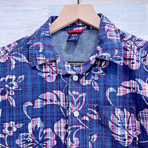 GAP Vintage 90s Tropical Floral Hawaiian Camp Shirt Blue Red Boys Small 5 6 - Picture 2 of 5
